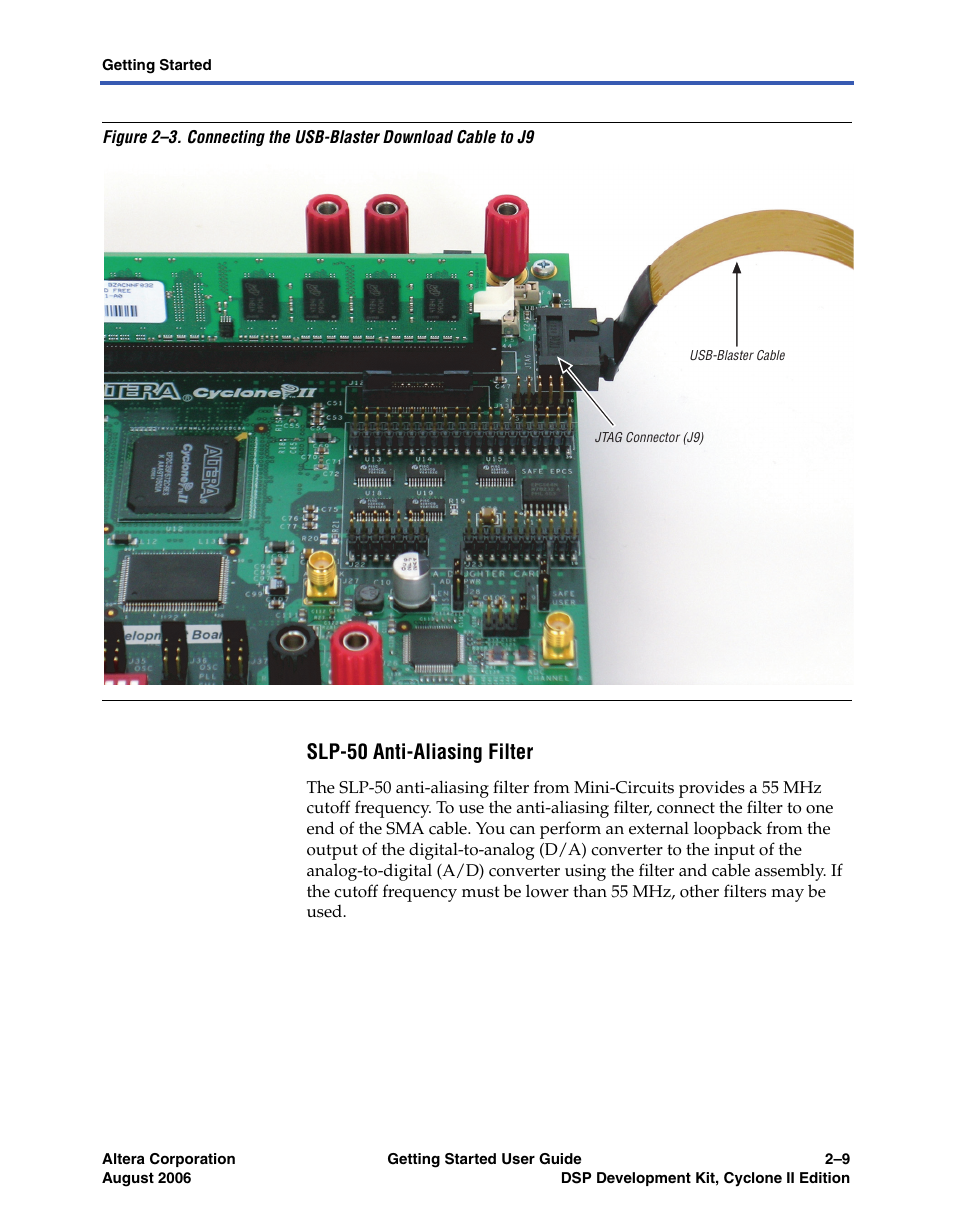 Slp-50 anti-aliasing filter, Connecting the slp-50 anti-aliasing filter | Altera DSP Development Kit, Cyclone II Edition Getting Started User Manual | Page 19 / 32