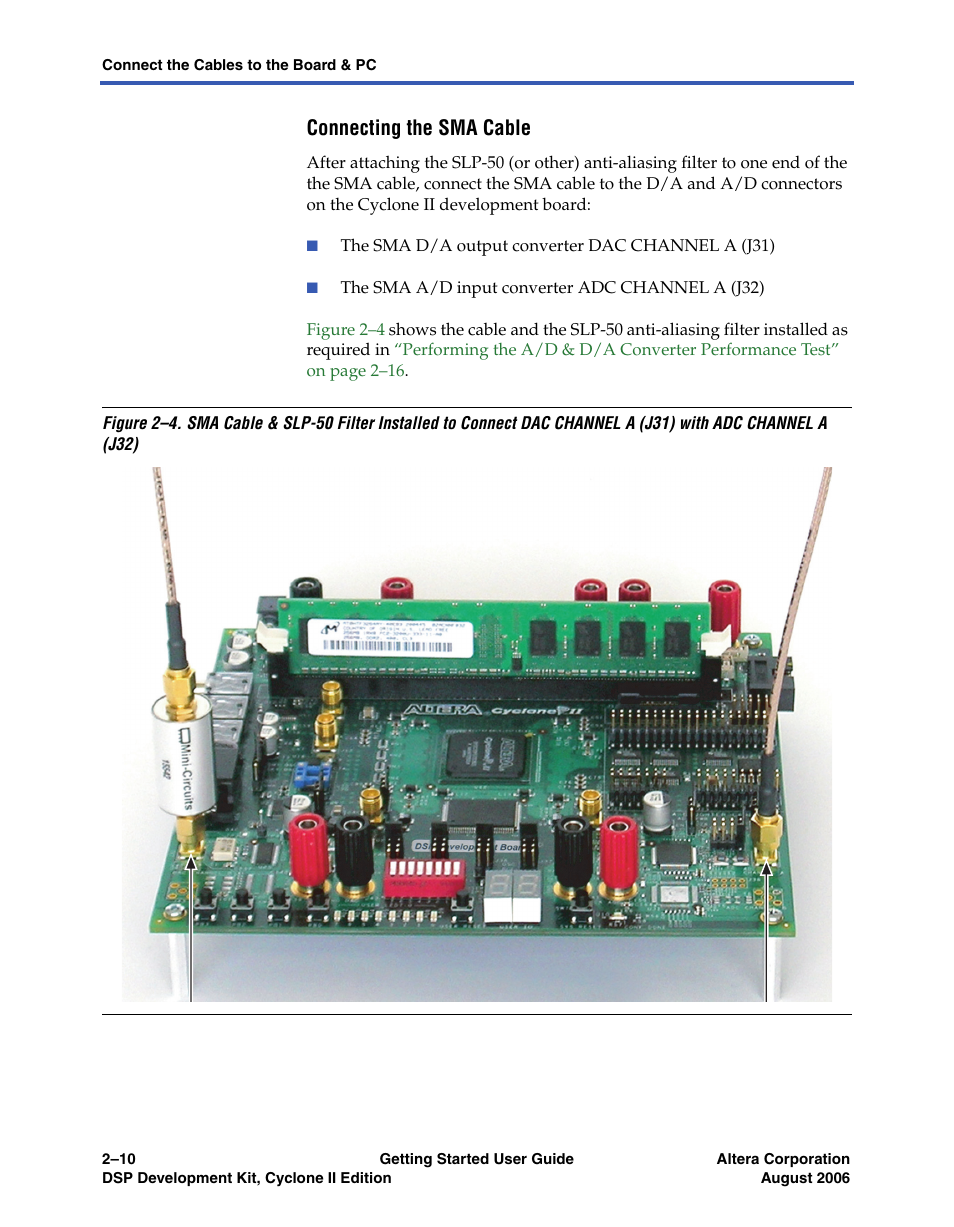 Connecting the sma cable | Altera DSP Development Kit, Cyclone II Edition Getting Started User Manual | Page 20 / 32