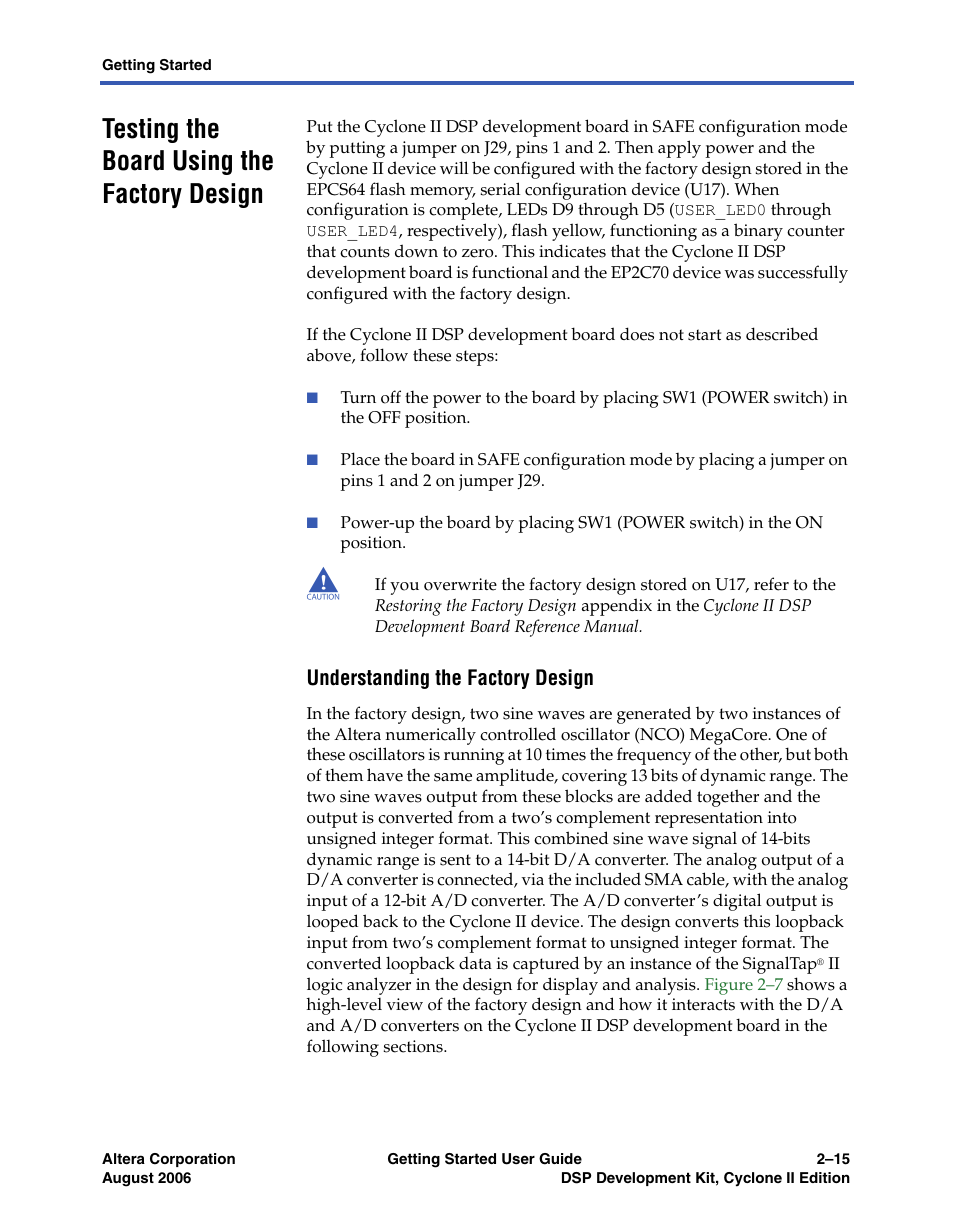 Testing the board using the factory design, Understanding the factory design, Understanding the reference design | Testing the board using the factory, Design | Altera DSP Development Kit, Cyclone II Edition Getting Started User Manual | Page 25 / 32