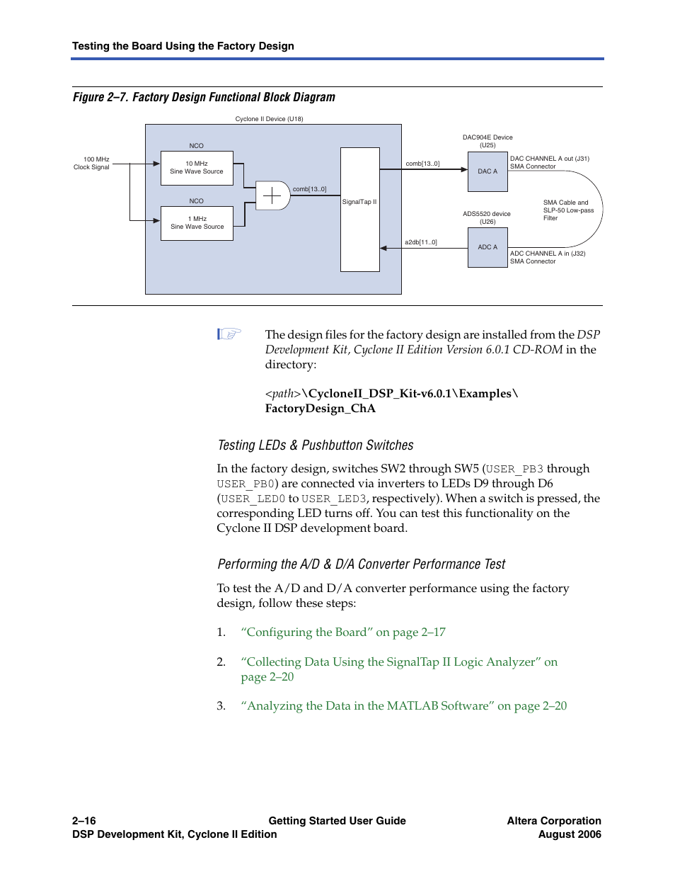 Testing leds & pushbutton switches, Ed in | Altera DSP Development Kit, Cyclone II Edition Getting Started User Manual | Page 26 / 32