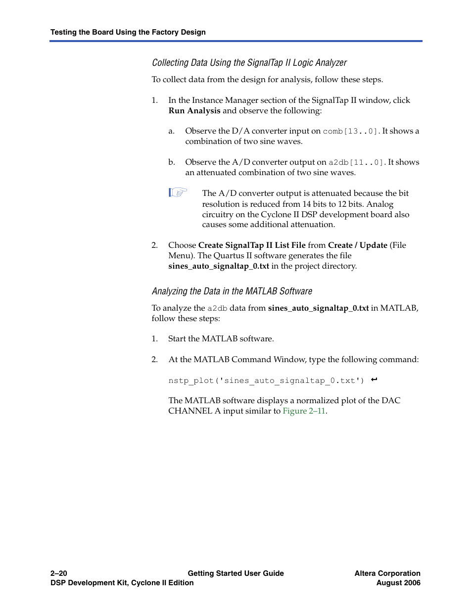 Analyzing the data in the matlab software | Altera DSP Development Kit, Cyclone II Edition Getting Started User Manual | Page 30 / 32