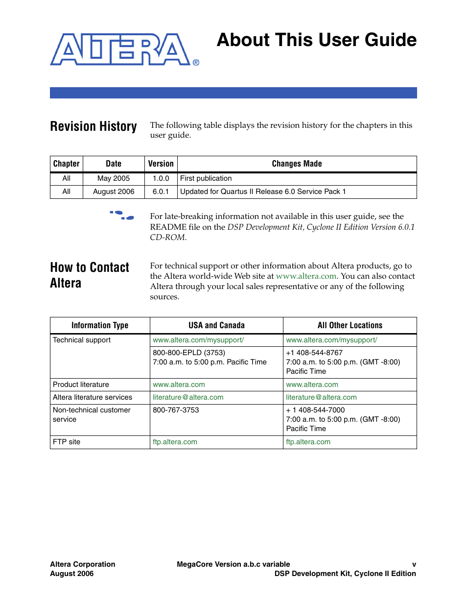 About this user guide, Revision history, How to contact altera | Altera DSP Development Kit, Cyclone II Edition Getting Started User Manual | Page 5 / 32