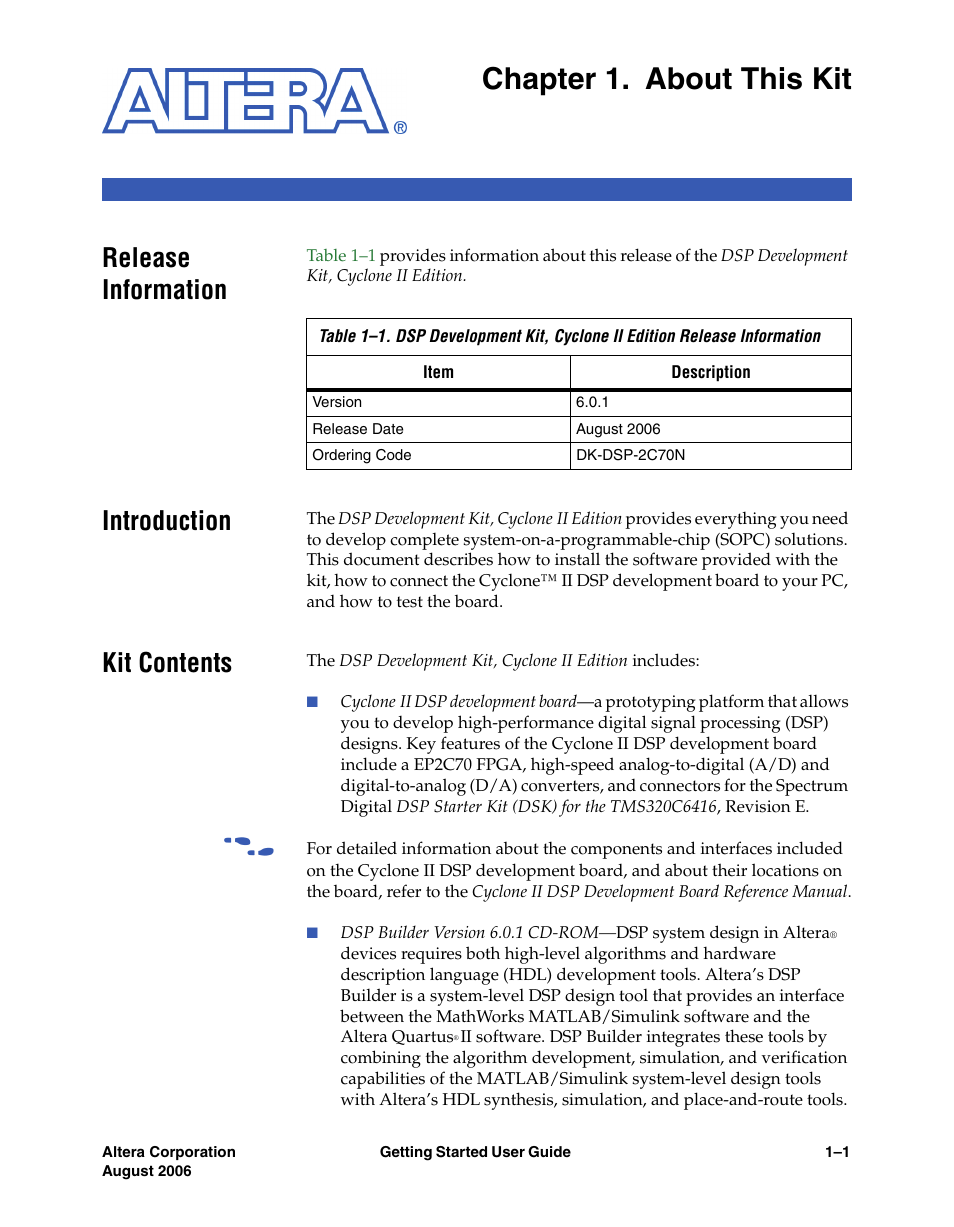 Chapter 1. about this kit, Release information, Introduction | Kit contents | Altera DSP Development Kit, Cyclone II Edition Getting Started User Manual | Page 7 / 32