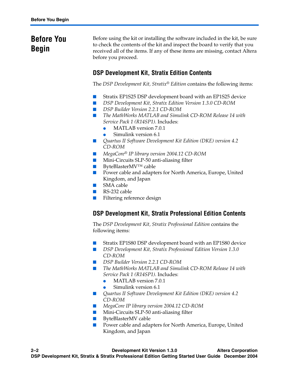 Before you begin, Dsp development kit, stratix edition contents | Altera DSP Development Kit, Stratix & Stratix Professional Edition Getting Started User Manual | Page 14 / 26