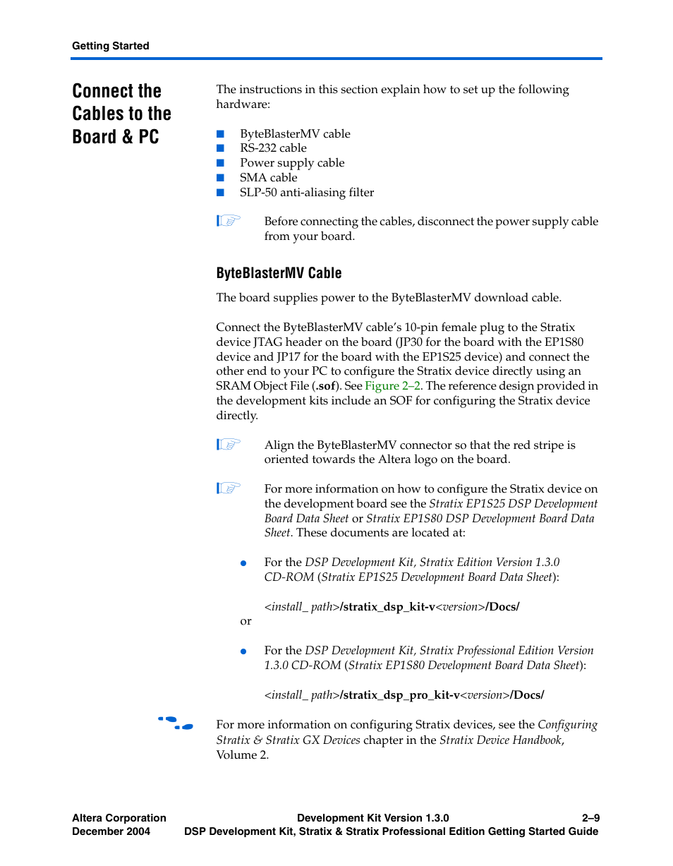 Connect the cables to the board & pc, Byteblastermv cable | Altera DSP Development Kit, Stratix & Stratix Professional Edition Getting Started User Manual | Page 21 / 26