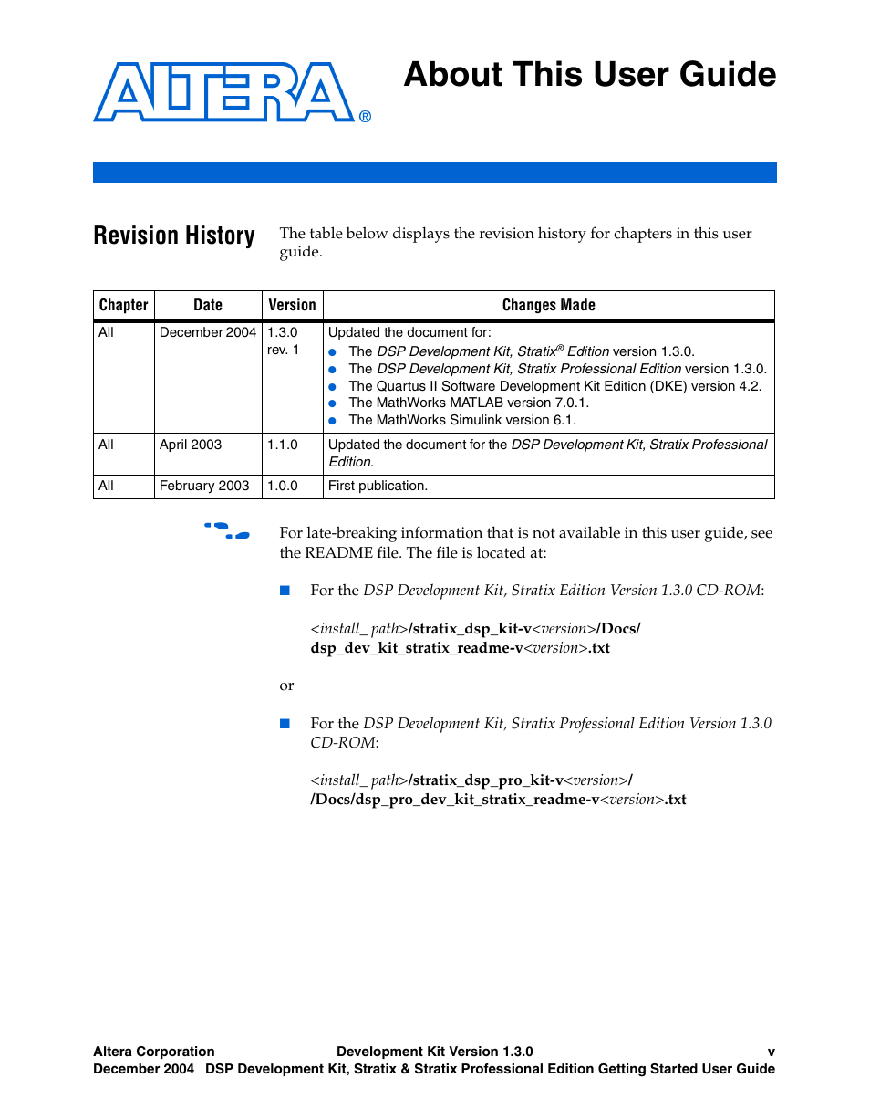 About this user guide, Revision history | Altera DSP Development Kit, Stratix & Stratix Professional Edition Getting Started User Manual | Page 5 / 26