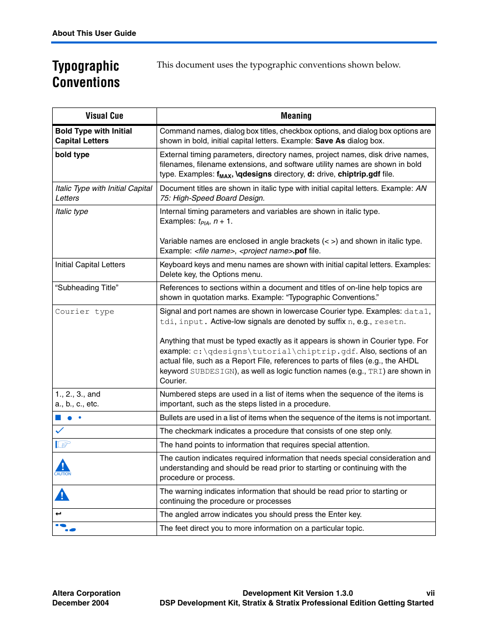 Typographic conventions | Altera DSP Development Kit, Stratix & Stratix Professional Edition Getting Started User Manual | Page 7 / 26