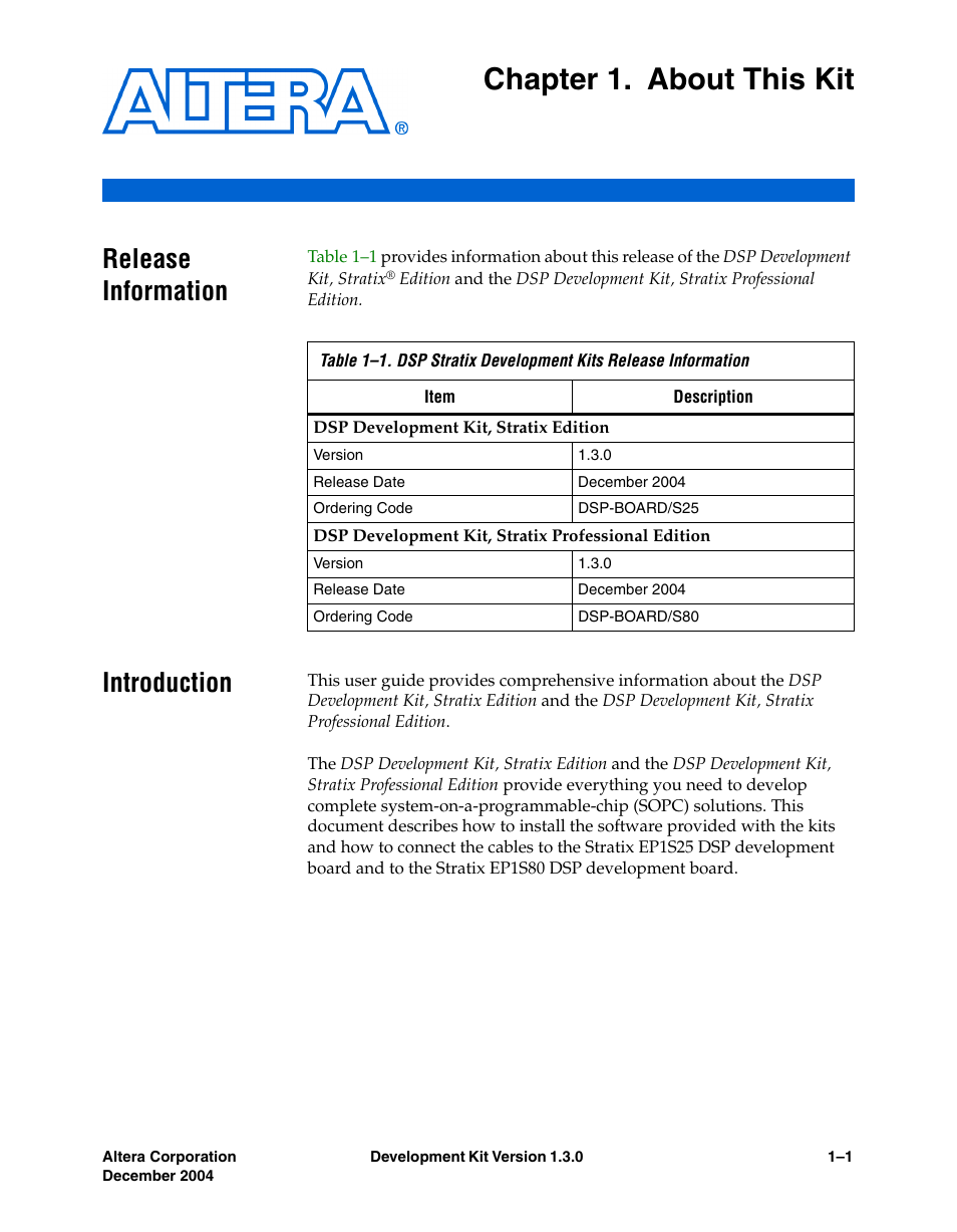 Chapter 1. about this kit, Release information, Introduction | Release information –1 introduction –1 | Altera DSP Development Kit, Stratix & Stratix Professional Edition Getting Started User Manual | Page 9 / 26