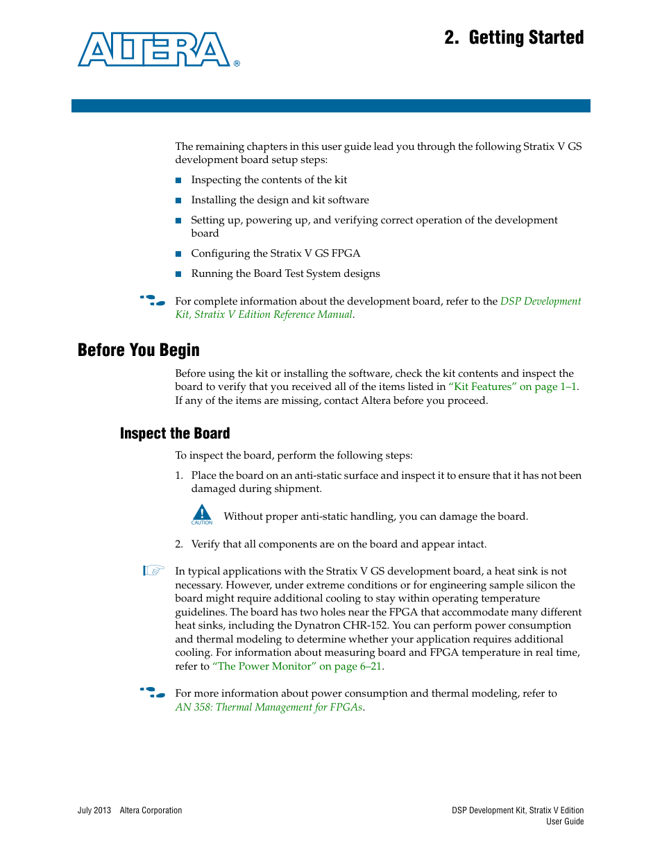 Getting started, Before you begin, Inspect the board | Chapter 2. getting started, Before you begin –1, Inspect the board –1 | Altera DSP Development Kit, Stratix V Edition User Manual | Page 11 / 58