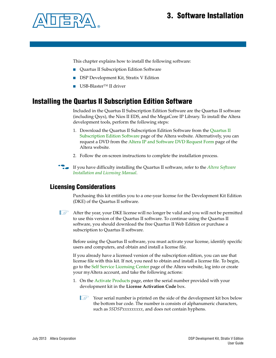 Software installation, Licensing considerations, Chapter 3. software installation | Licensing considerations –1 | Altera DSP Development Kit, Stratix V Edition User Manual | Page 13 / 58