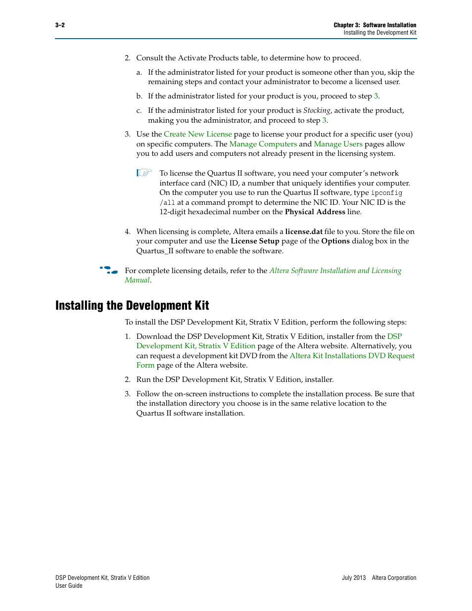 Installing the development kit, Installing the development kit –2 | Altera DSP Development Kit, Stratix V Edition User Manual | Page 14 / 58