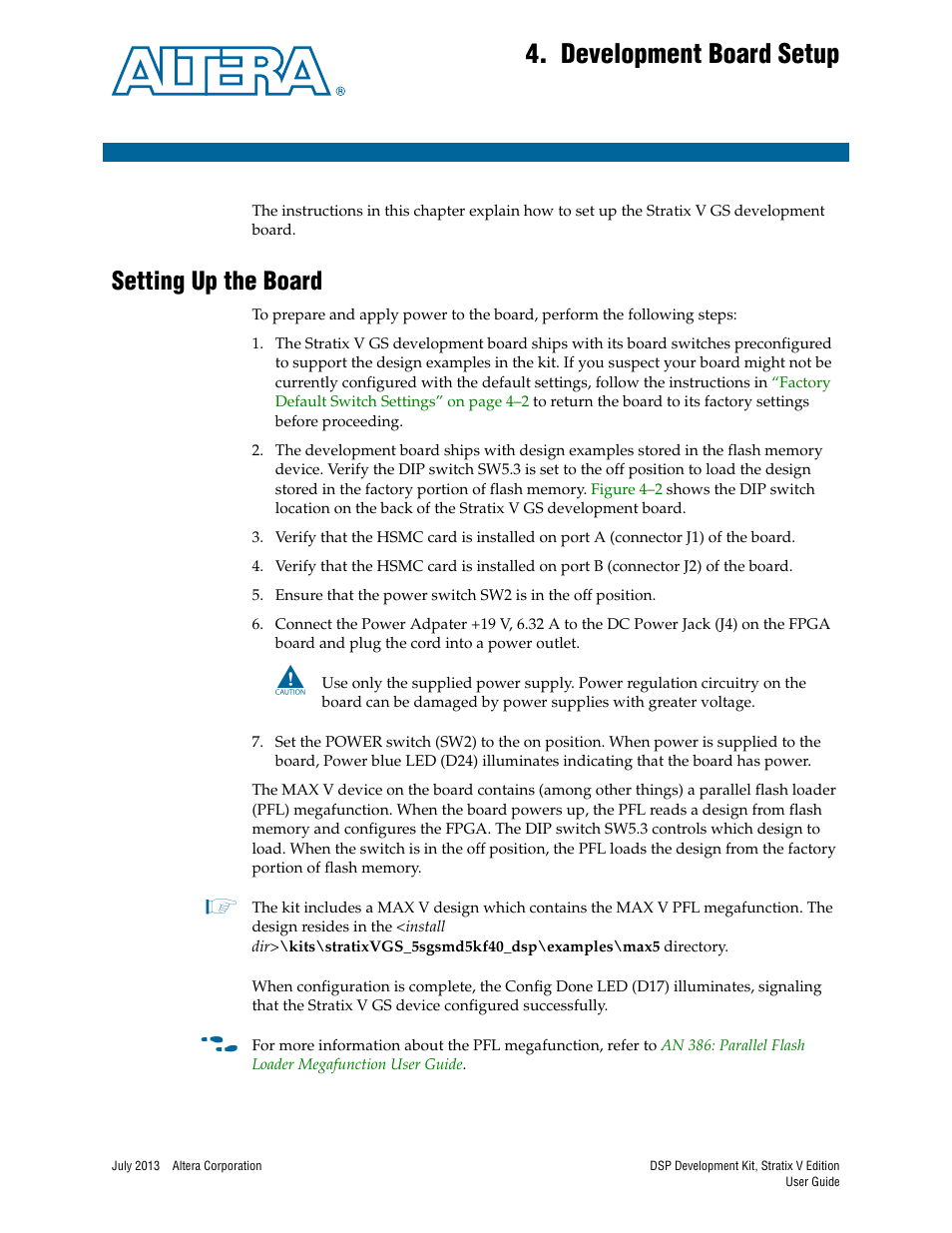 Development board setup, Setting up the board, Chapter 4. development board setup | Setting up the board –1 | Altera DSP Development Kit, Stratix V Edition User Manual | Page 17 / 58