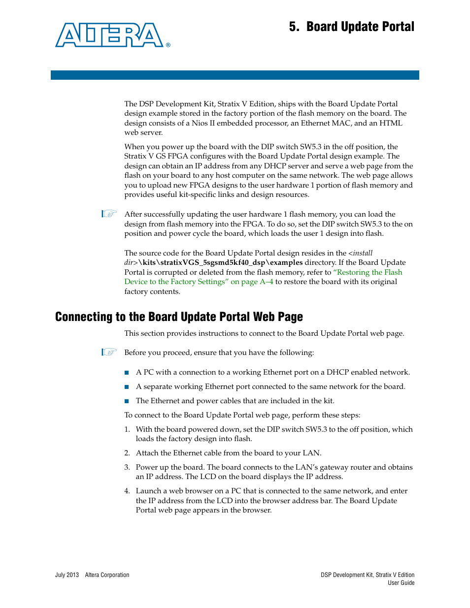 Board update portal, Chapter 5. board update portal, Connecting to the board update portal web page | Altera DSP Development Kit, Stratix V Edition User Manual | Page 23 / 58