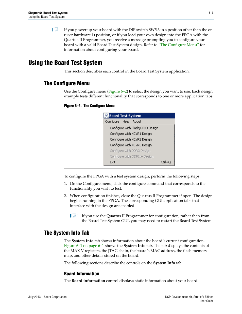 Using the board test system, The configure menu, The system info tab | Board information, Using the board test system –3, The configure menu –3 the system info tab –3, Board information –3 | Altera DSP Development Kit, Stratix V Edition User Manual | Page 27 / 58