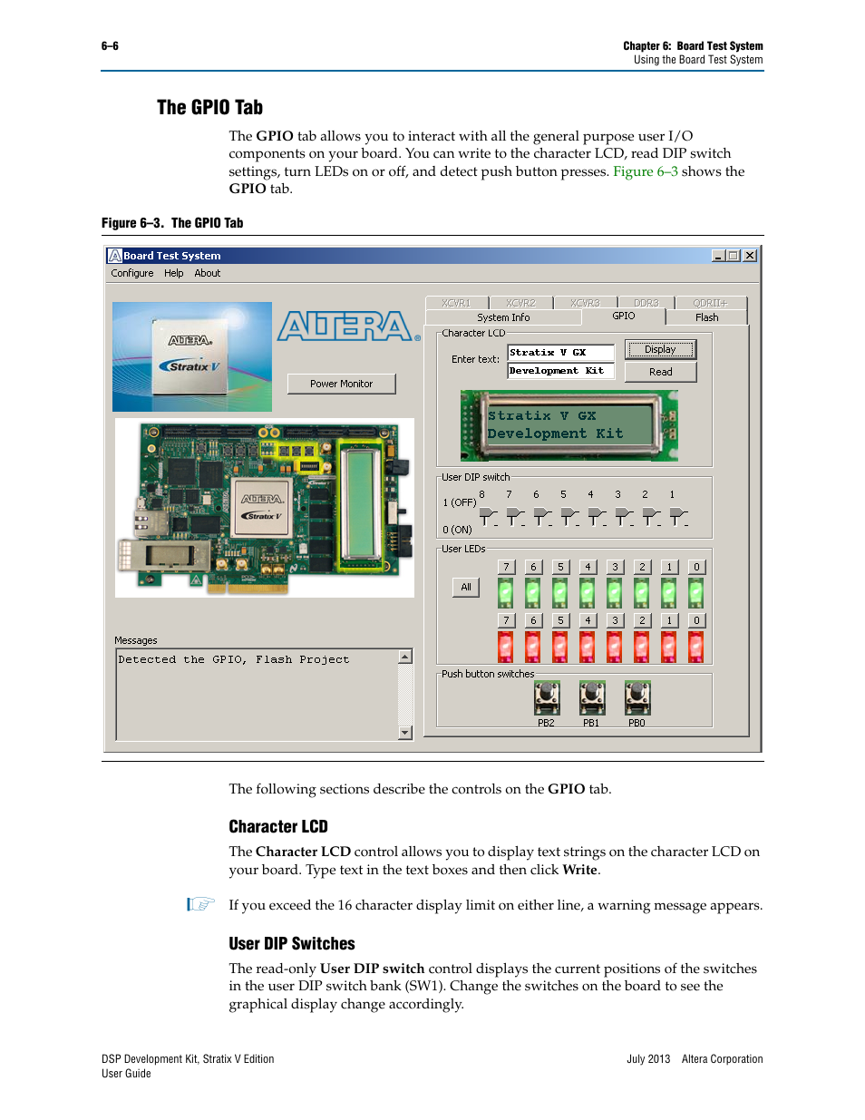 The gpio tab, Character lcd, User dip switches | The gpio tab –6, Character lcd –6 user dip switches –6 | Altera DSP Development Kit, Stratix V Edition User Manual | Page 30 / 58