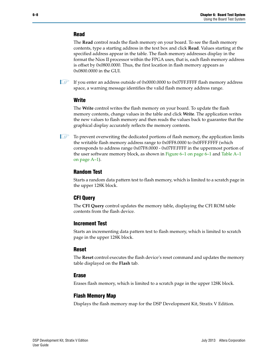 Read, Write, Random test | Cfi query, Increment test, Reset, Erase, Flash memory map, Erase –8 flash memory map –8 | Altera DSP Development Kit, Stratix V Edition User Manual | Page 32 / 58