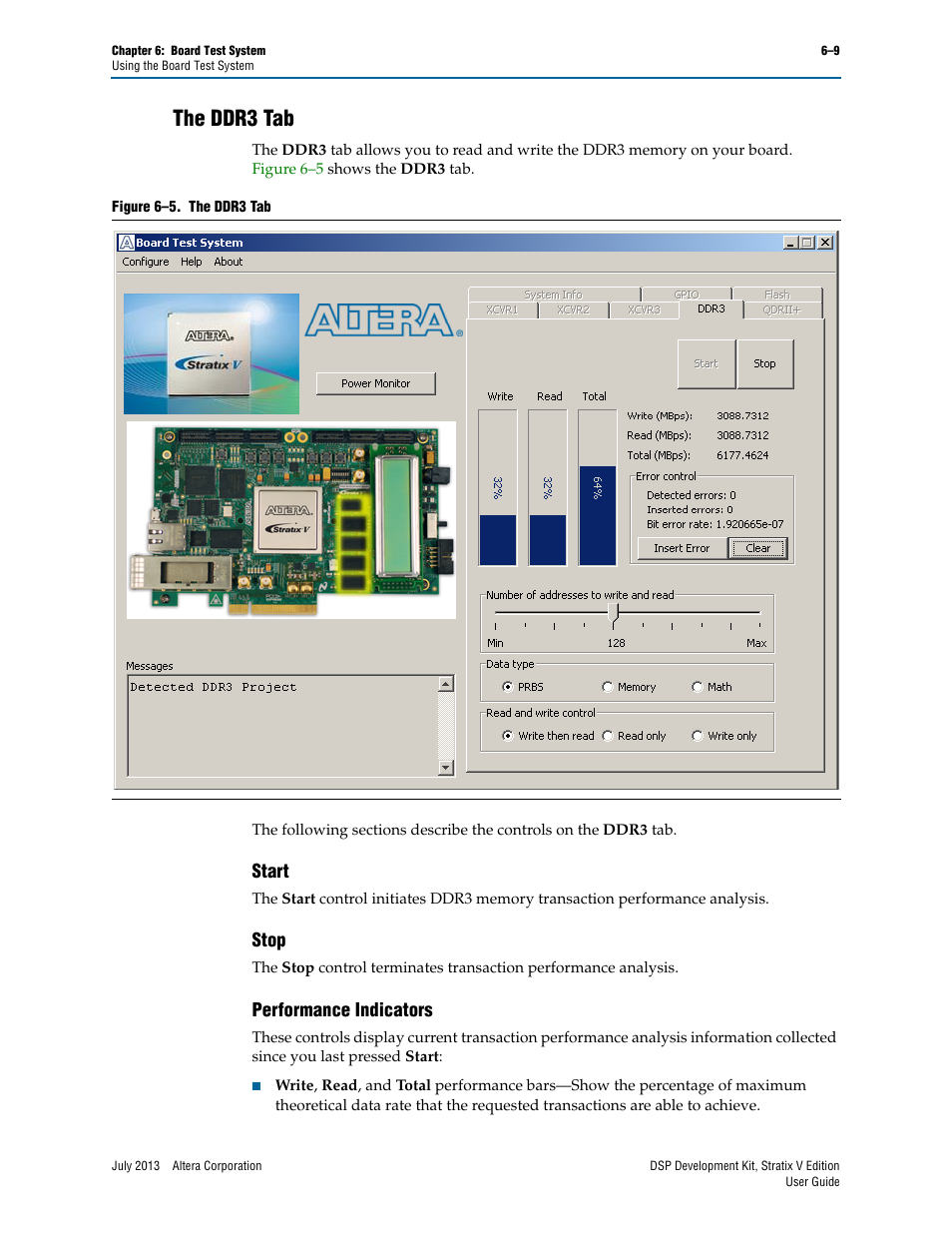 The ddr3 tab, Start, Stop | Performance indicators, The ddr3 tab –9, Start –9 stop –9 performance indicators –9 | Altera DSP Development Kit, Stratix V Edition User Manual | Page 33 / 58