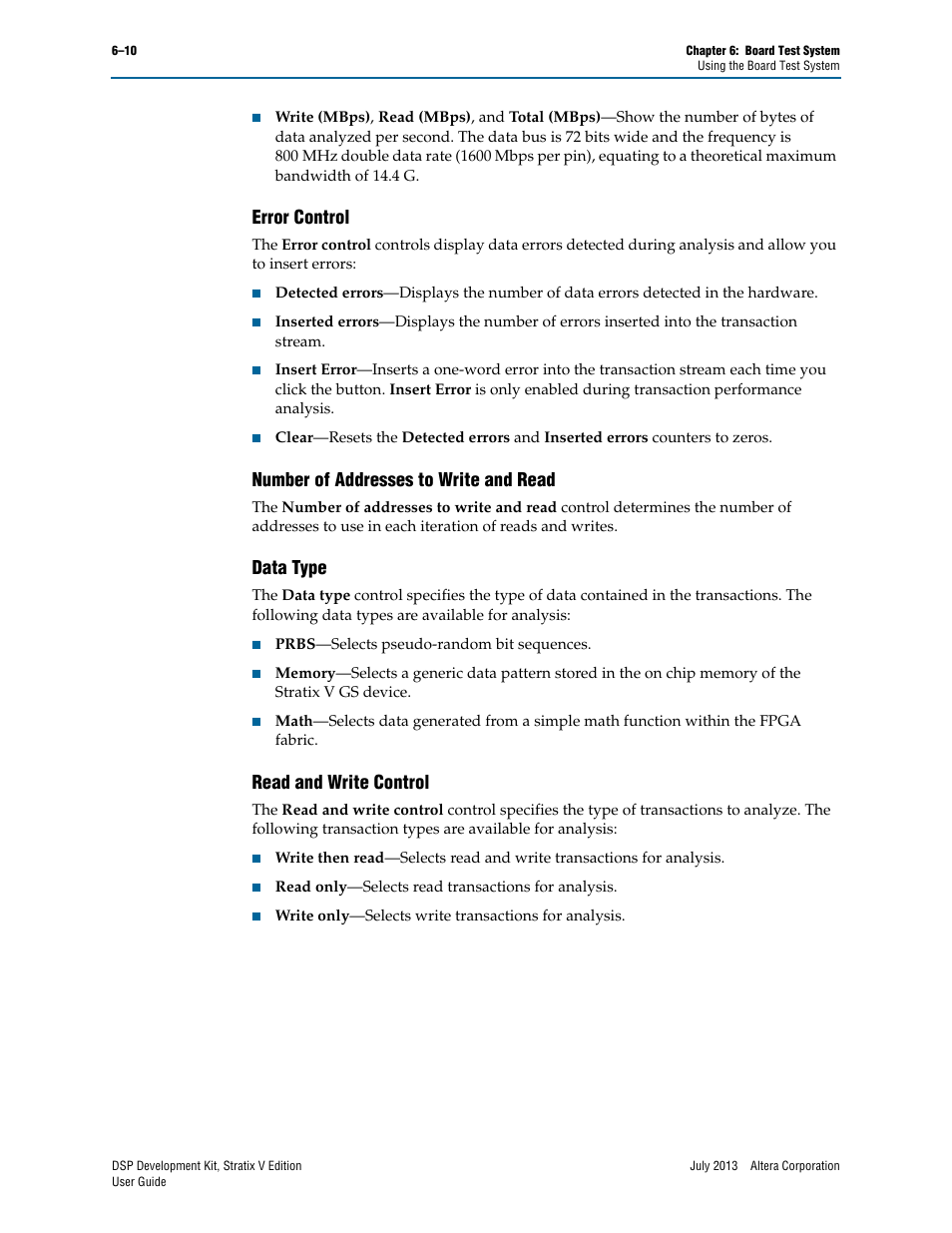 Error control, Number of addresses to write and read, Data type | Read and write control | Altera DSP Development Kit, Stratix V Edition User Manual | Page 34 / 58