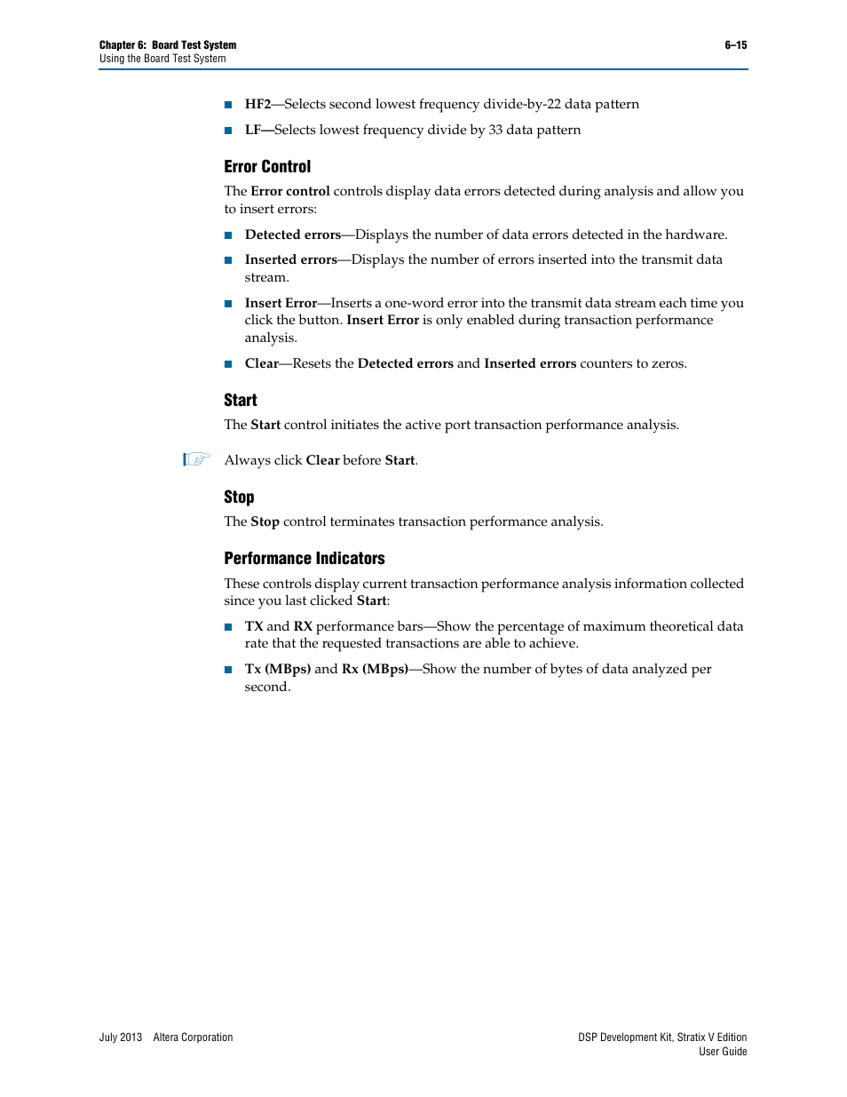 Error control, Start, Stop | Performance indicators | Altera DSP Development Kit, Stratix V Edition User Manual | Page 39 / 58