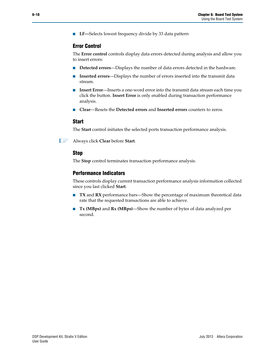 Error control, Start, Stop | Performance indicators | Altera DSP Development Kit, Stratix V Edition User Manual | Page 42 / 58