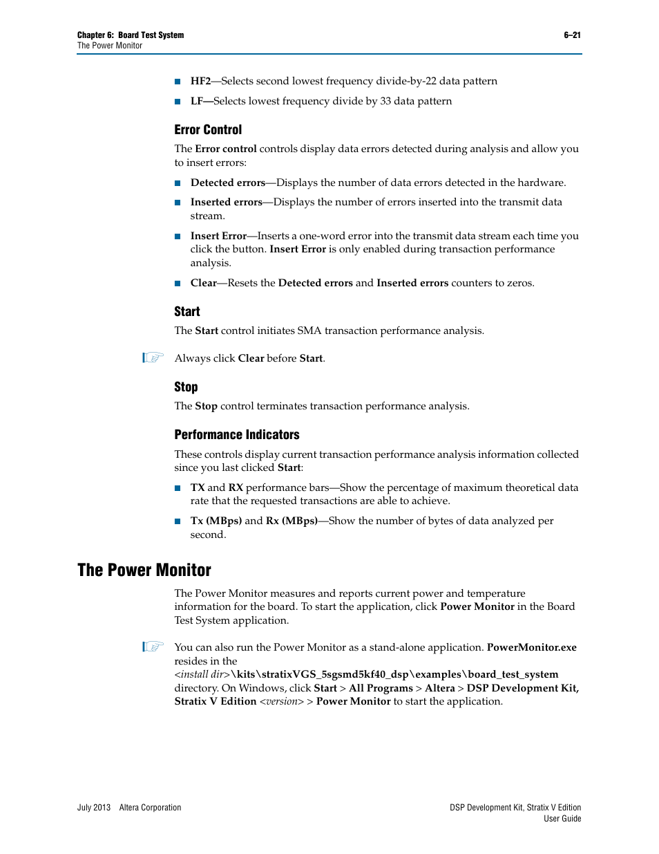 Error control, Start, Stop | Performance indicators, The power monitor, The power monitor –21 | Altera DSP Development Kit, Stratix V Edition User Manual | Page 45 / 58