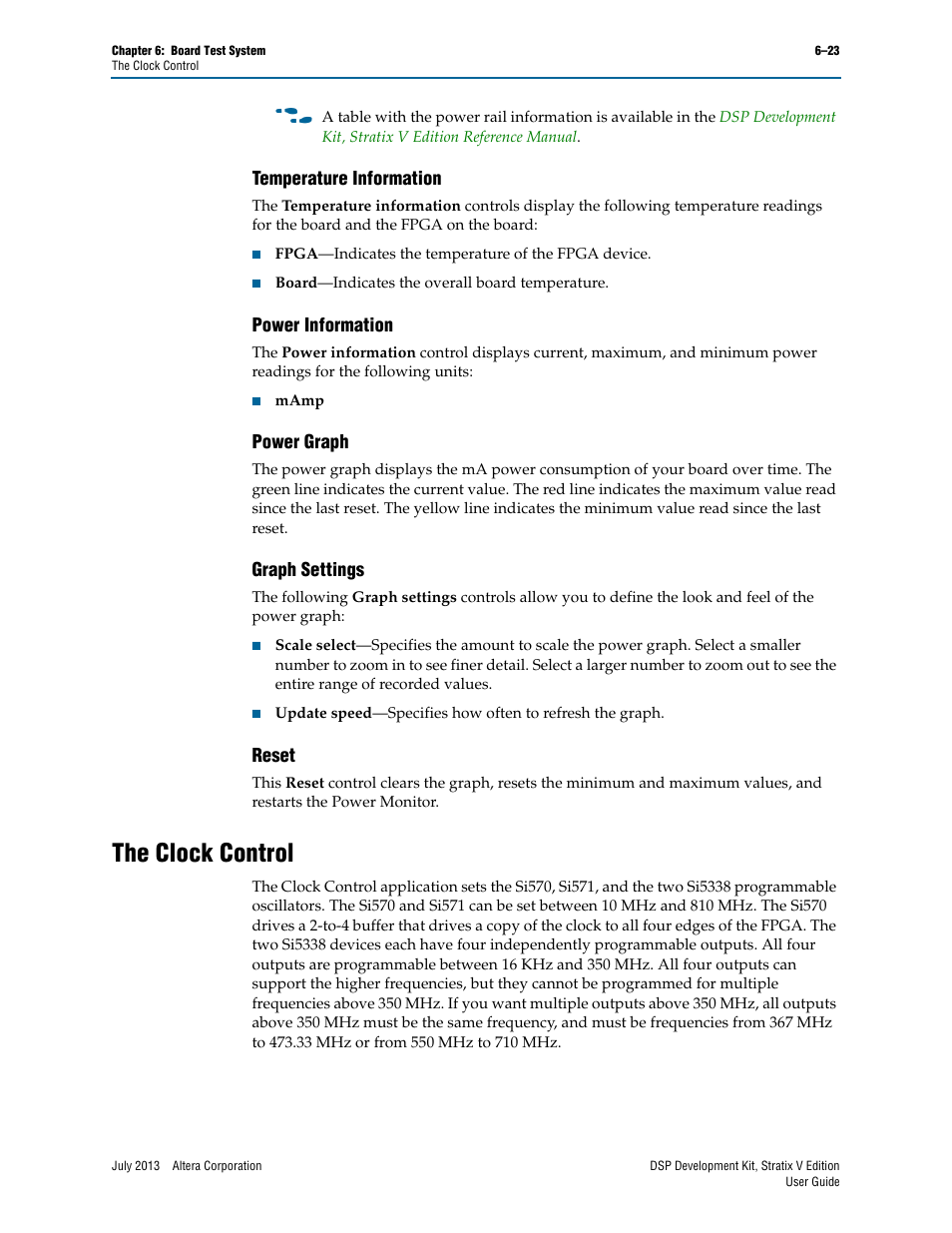 Temperature information, Power information, Power graph | Graph settings, Reset, The clock control, The clock control –23 | Altera DSP Development Kit, Stratix V Edition User Manual | Page 47 / 58