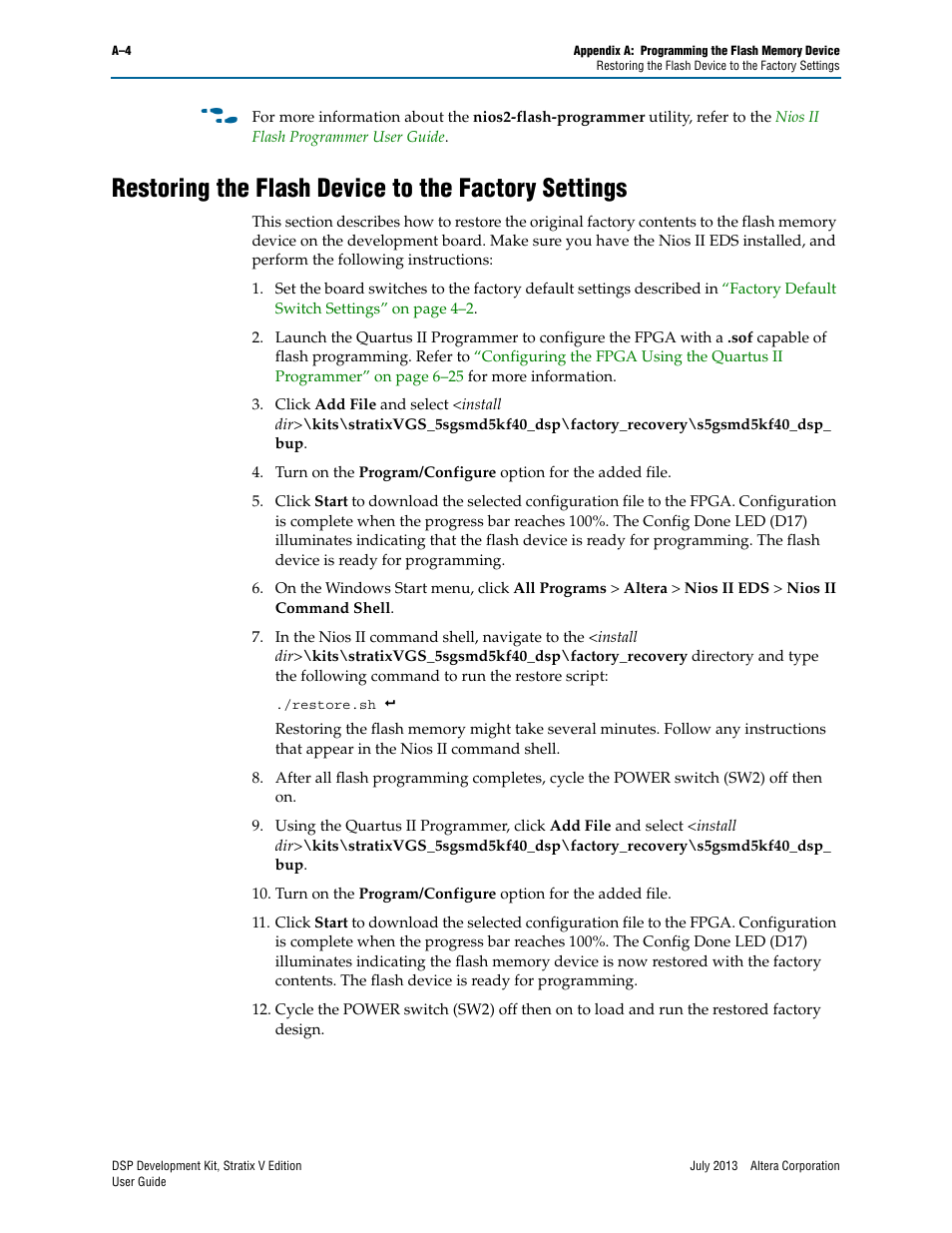 Restoring the flash device to the factory settings, Restoring the flash, To r | Fer to, Restoring the | Altera DSP Development Kit, Stratix V Edition User Manual | Page 54 / 58