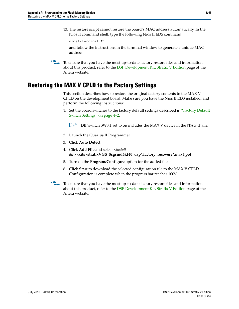 Restoring the max v cpld to the factory settings | Altera DSP Development Kit, Stratix V Edition User Manual | Page 55 / 58