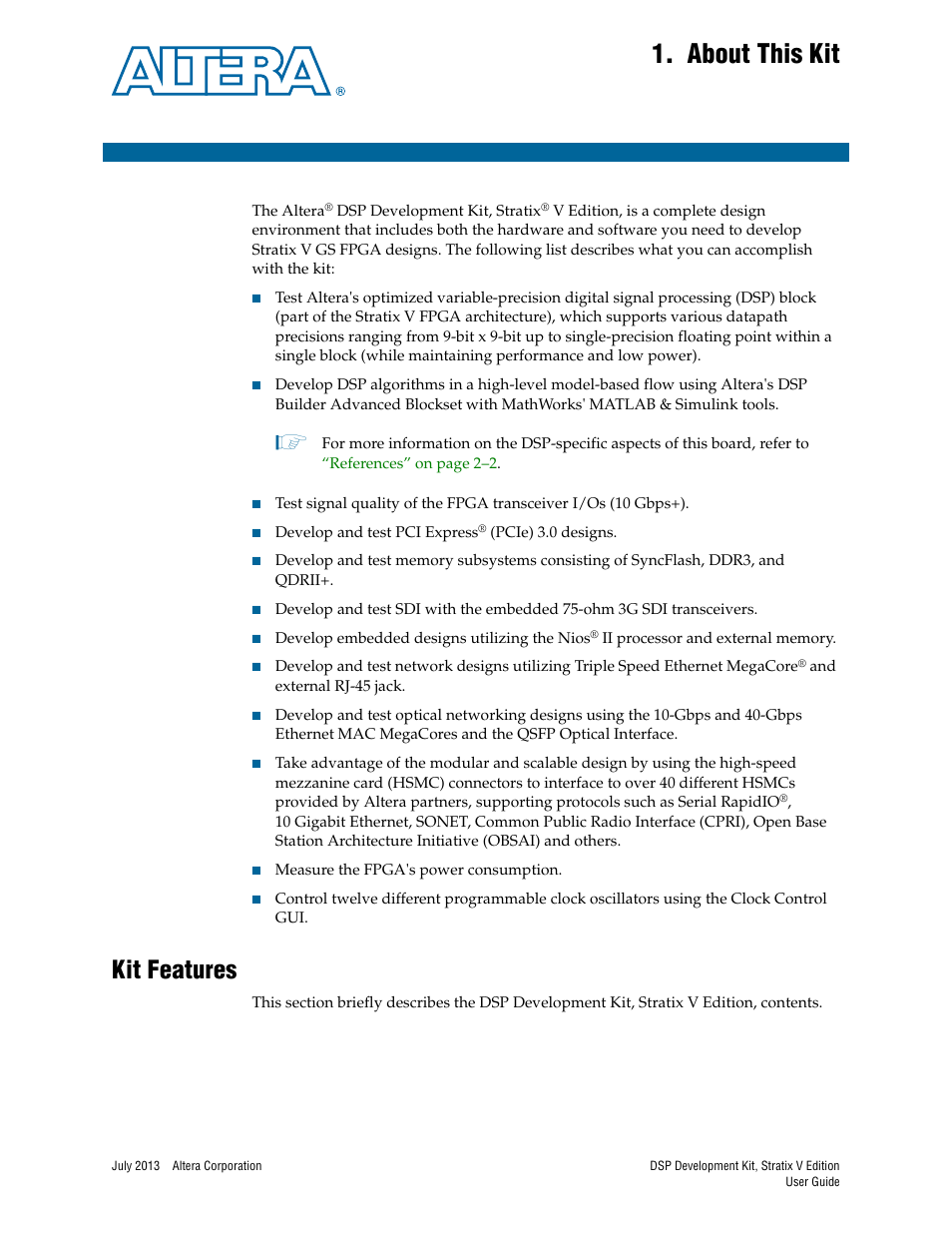 About this kit, Kit features, Chapter 1. about this kit | Kit features –1 | Altera DSP Development Kit, Stratix V Edition User Manual | Page 7 / 58