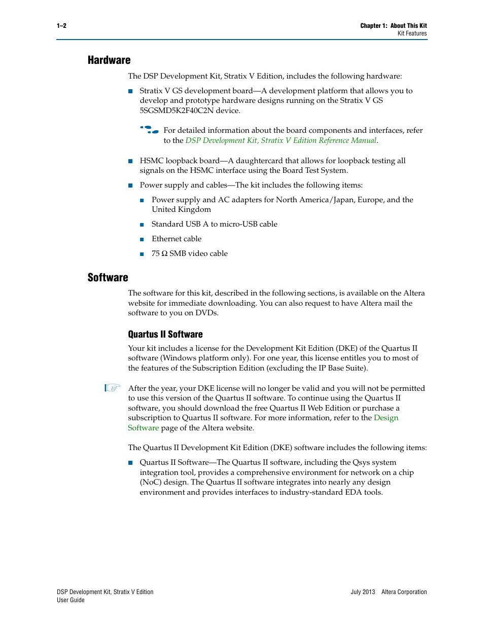 Hardware, Software, Quartus ii software | Hardware –2 software –2, Quartus ii software –2 | Altera DSP Development Kit, Stratix V Edition User Manual | Page 8 / 58