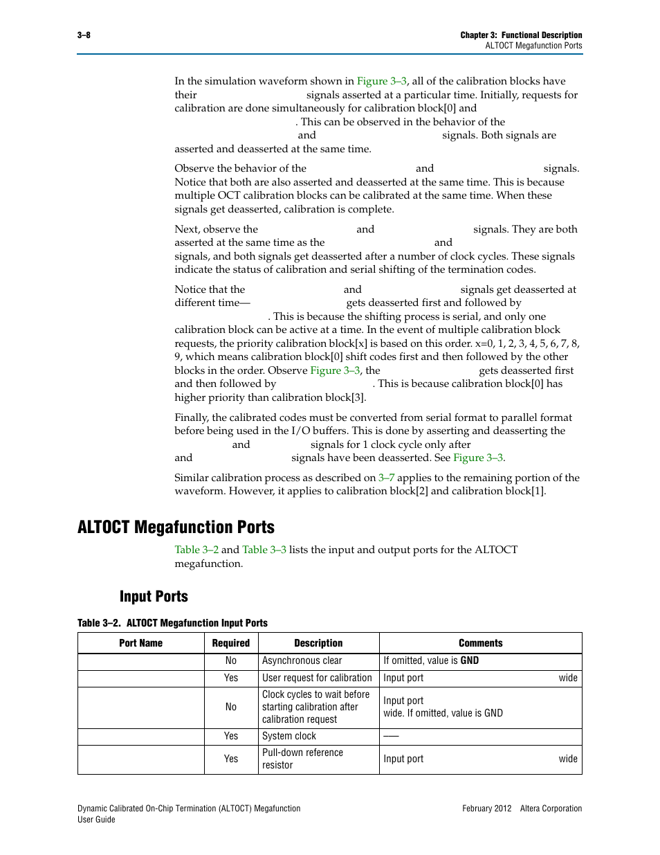Altoct megafunction ports, Input ports, Altoct megafunction ports –8 | Input ports –8 | Altera Dynamic Calibrated On-Chip Termination User Manual | Page 15 / 19