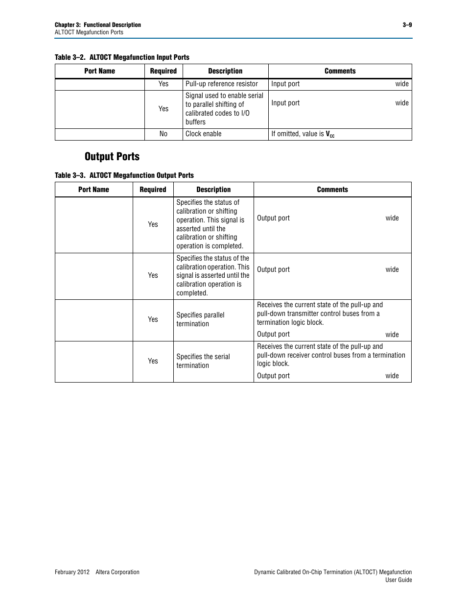Output ports, Output ports –9, Table 3–3 | Altera Dynamic Calibrated On-Chip Termination User Manual | Page 16 / 19