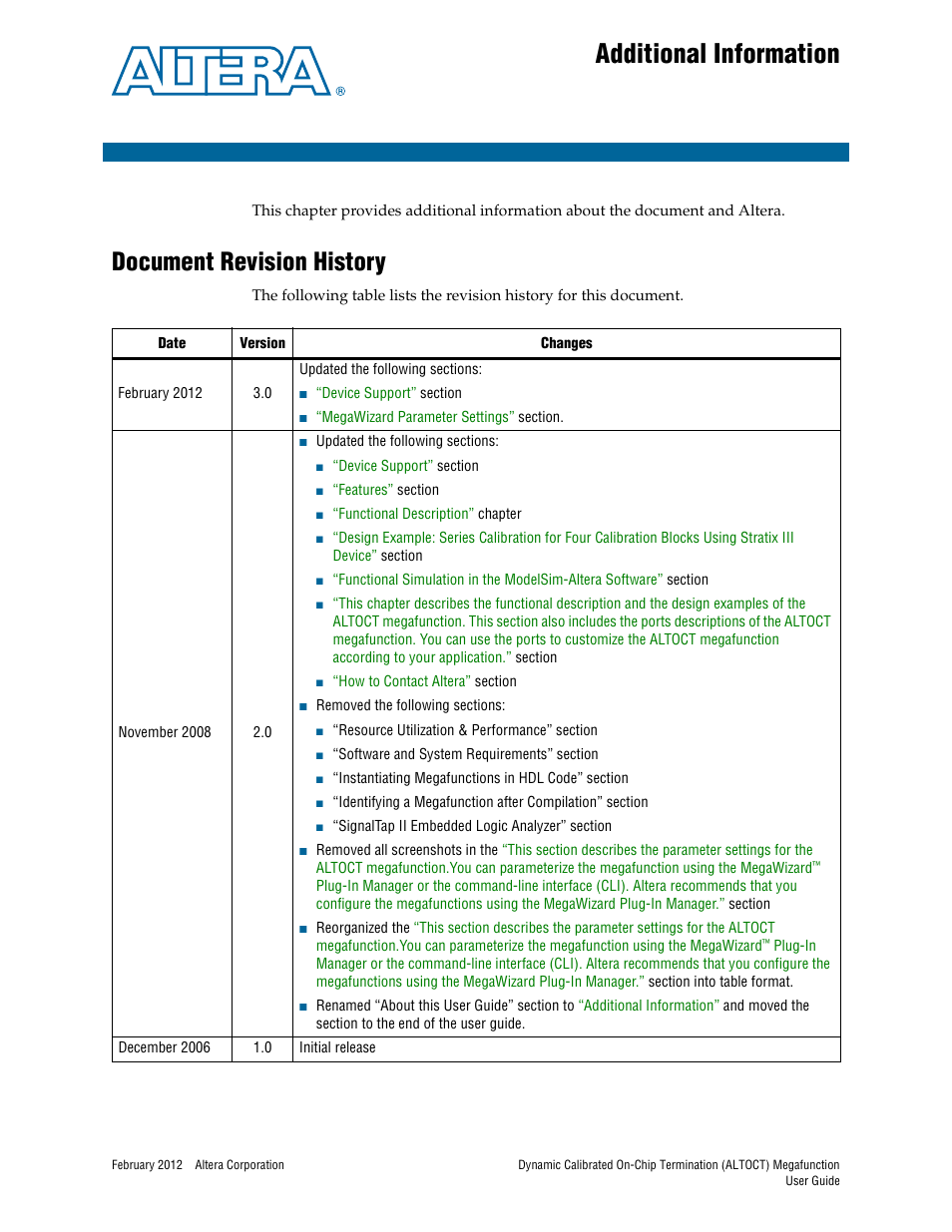 Additional information, Document revision history | Altera Dynamic Calibrated On-Chip Termination User Manual | Page 17 / 19