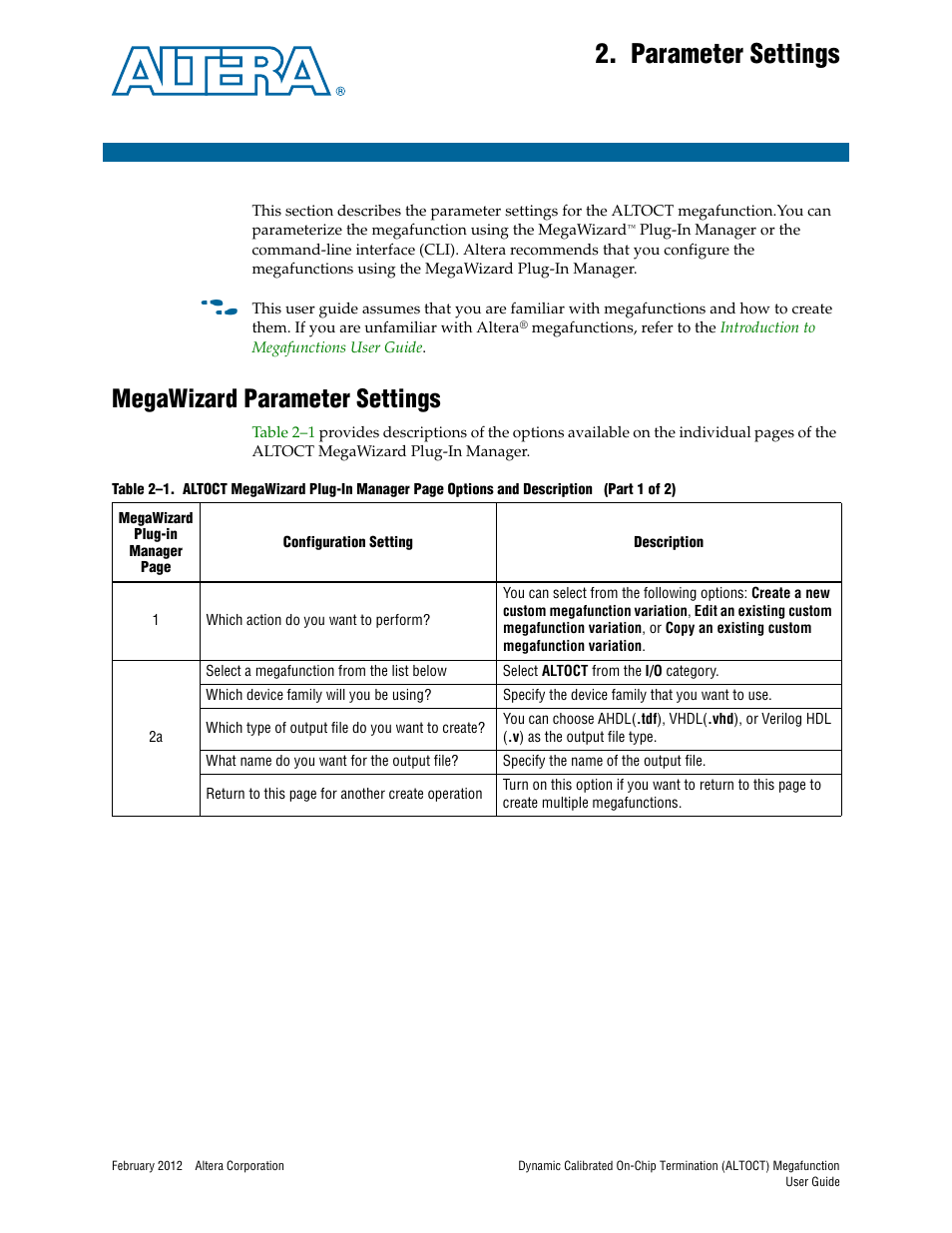 Parameter settings, Megawizard parameter settings, Chapter 2. parameter settings | Megawizard parameter settings –1 | Altera Dynamic Calibrated On-Chip Termination User Manual | Page 5 / 19