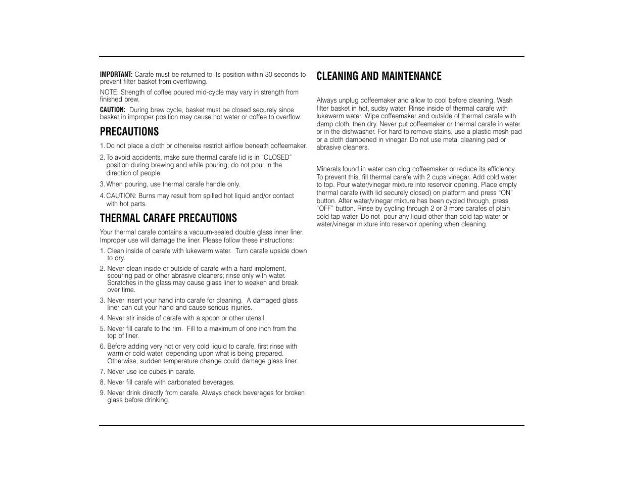 Precautions, Thermal carafe precautions, Cleaning and maintenance | Cuisinart DTC-950 User Manual | Page 5 / 8