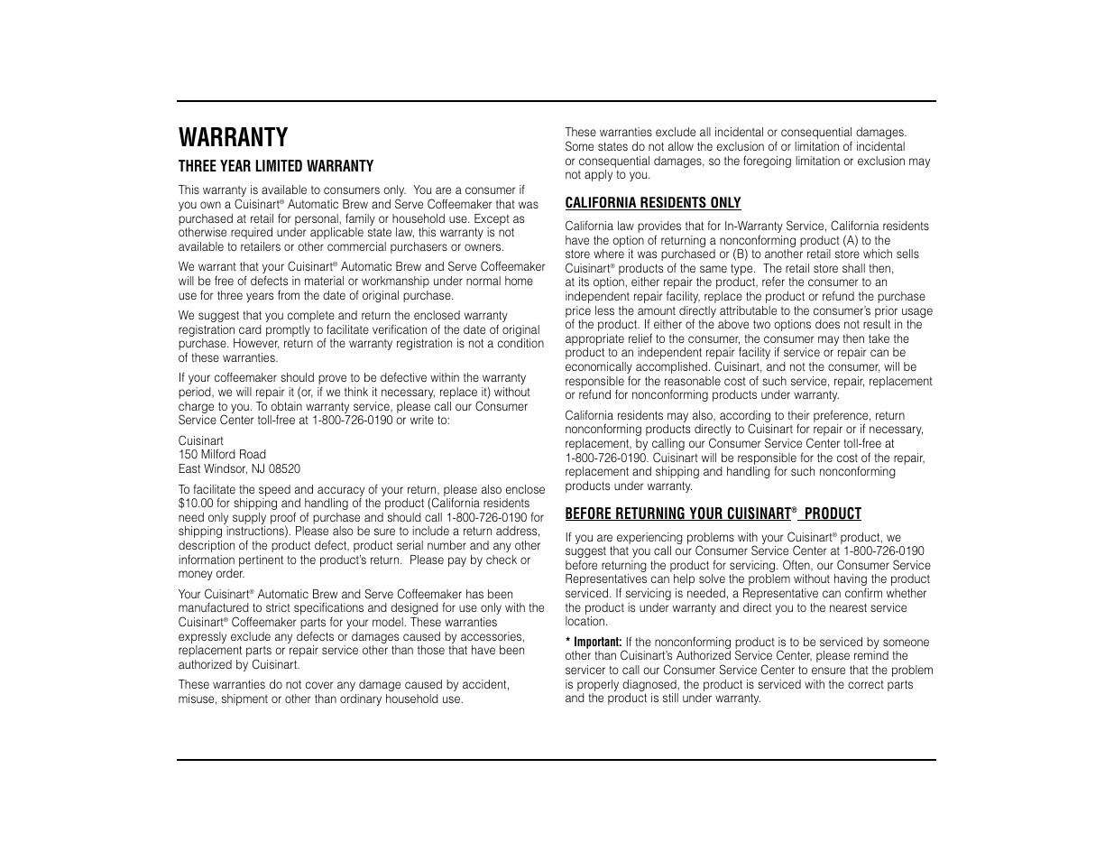 Warranty | Cuisinart DTC-950 User Manual | Page 7 / 8