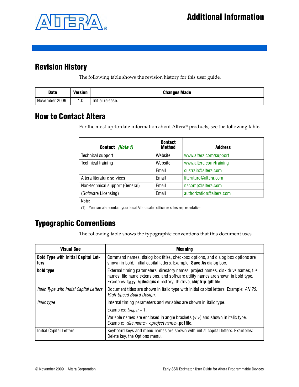 Additional information, Revision history, How to contact altera | Typographic conventions, Additional information 1 | Altera Early SSN Estimator User Manual | Page 15 / 16