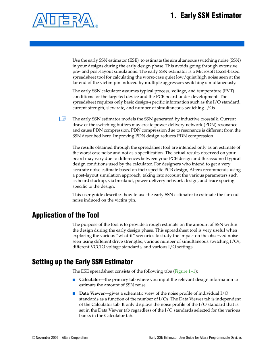 Early ssn estimator, Application of the tool, Setting up the early ssn estimator | Chapter 1. early ssn estimator | Altera Early SSN Estimator User Manual | Page 5 / 16