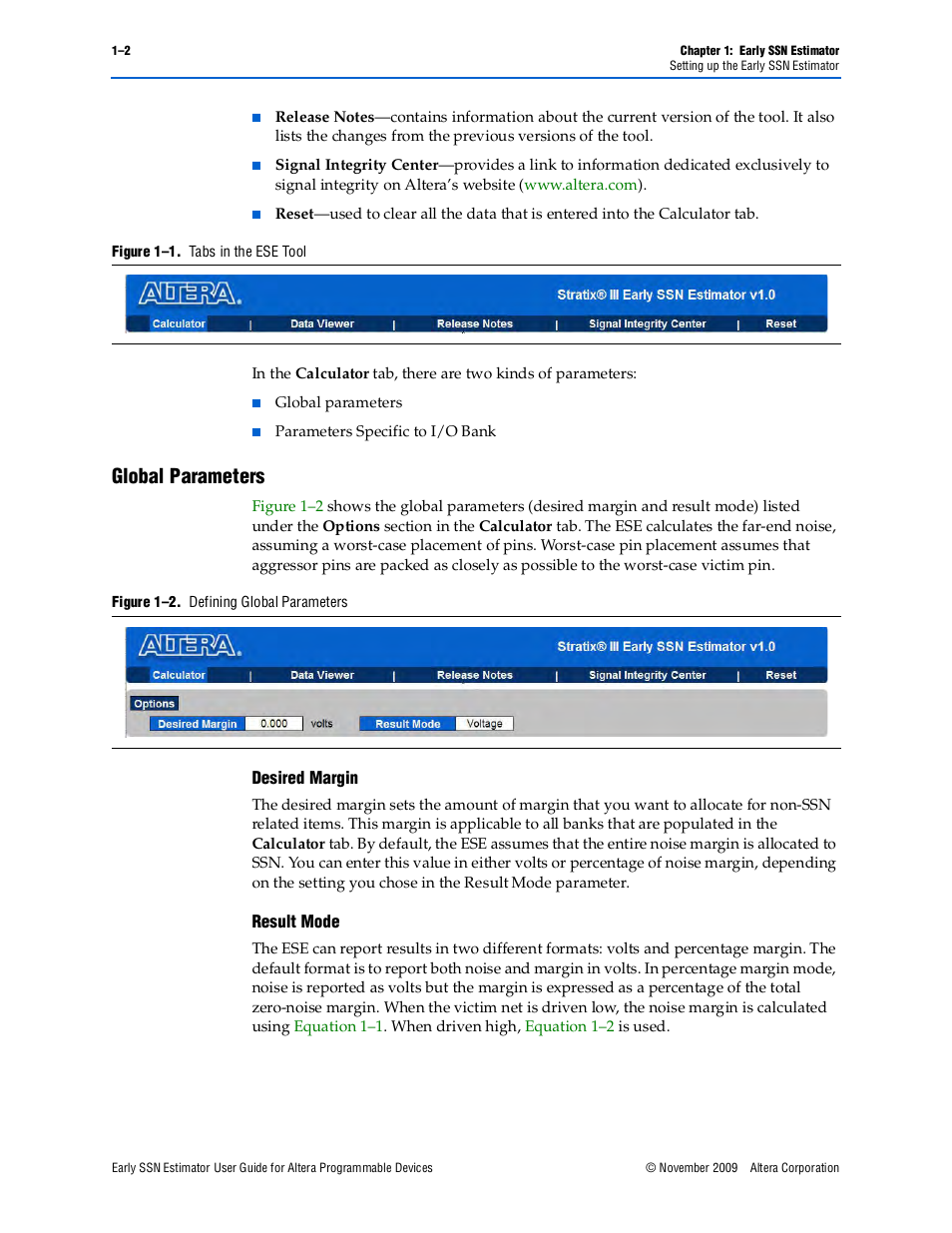 Global parameters, Global parameters –2, Desired margin –2 result mode –2 | Altera Early SSN Estimator User Manual | Page 6 / 16