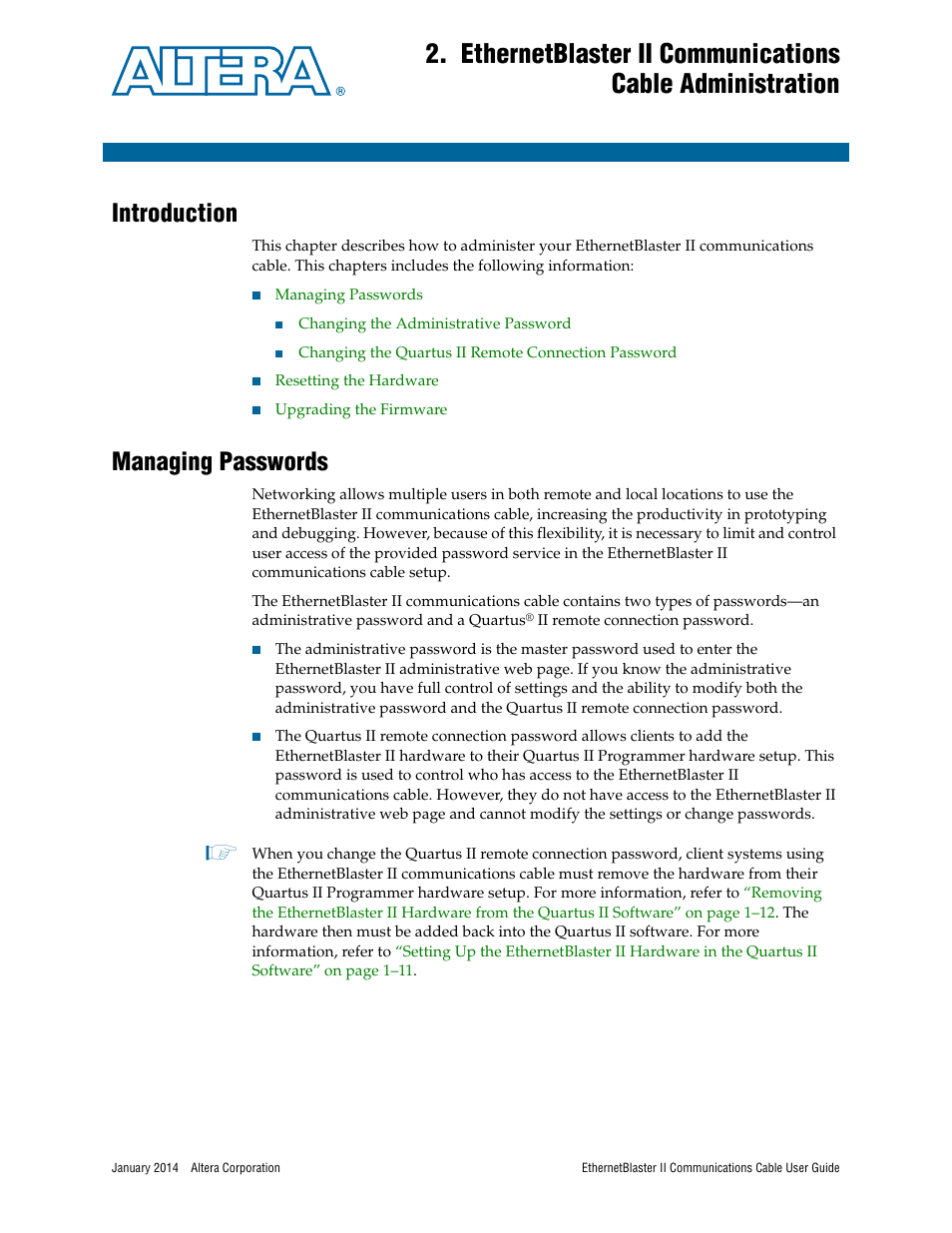 Introduction, Managing passwords, Introduction –1 managing passwords –1 | Managing | Altera EthernetBlaster II User Manual | Page 19 / 32
