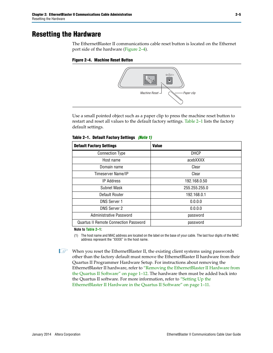 Resetting the hardware, Resetting the hardware –5 | Altera EthernetBlaster II User Manual | Page 23 / 32