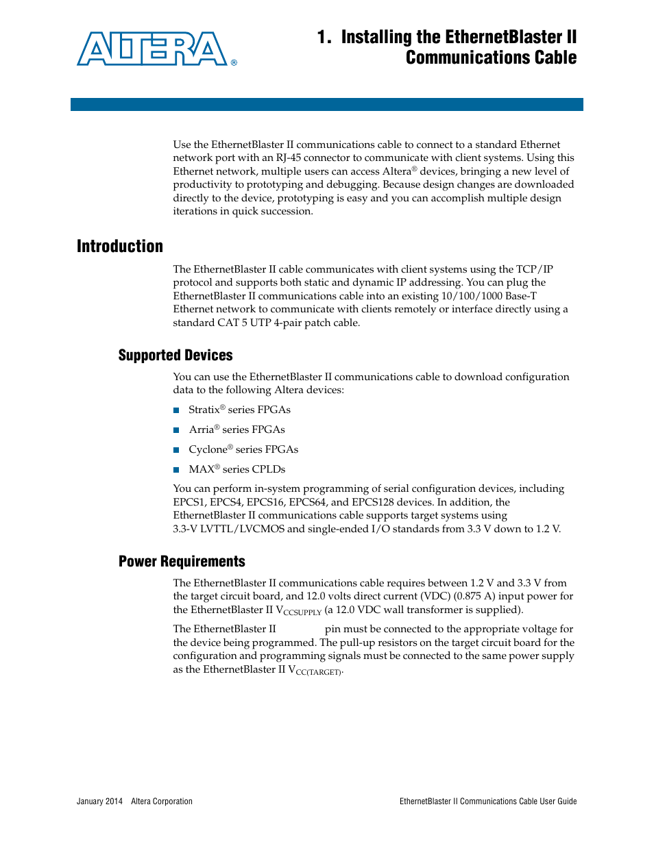Introduction, Supported devices, Power requirements | Introduction –1, Supported devices –1 power requirements –1 | Altera EthernetBlaster II User Manual | Page 5 / 32