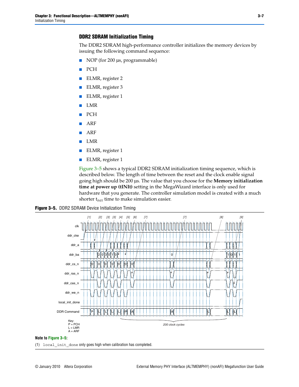 Ddr2 sdram initialization timing –7, Ddr2 sdram initialization timing” on, Ddr2 sdram initialization timing | Nop (for 200 µs, programmable), Elmr, register 2, Elmr, register 3, Elmr, register 1, Time to make simulation easier | Altera External Memory PHY Interface User Manual | Page 23 / 83