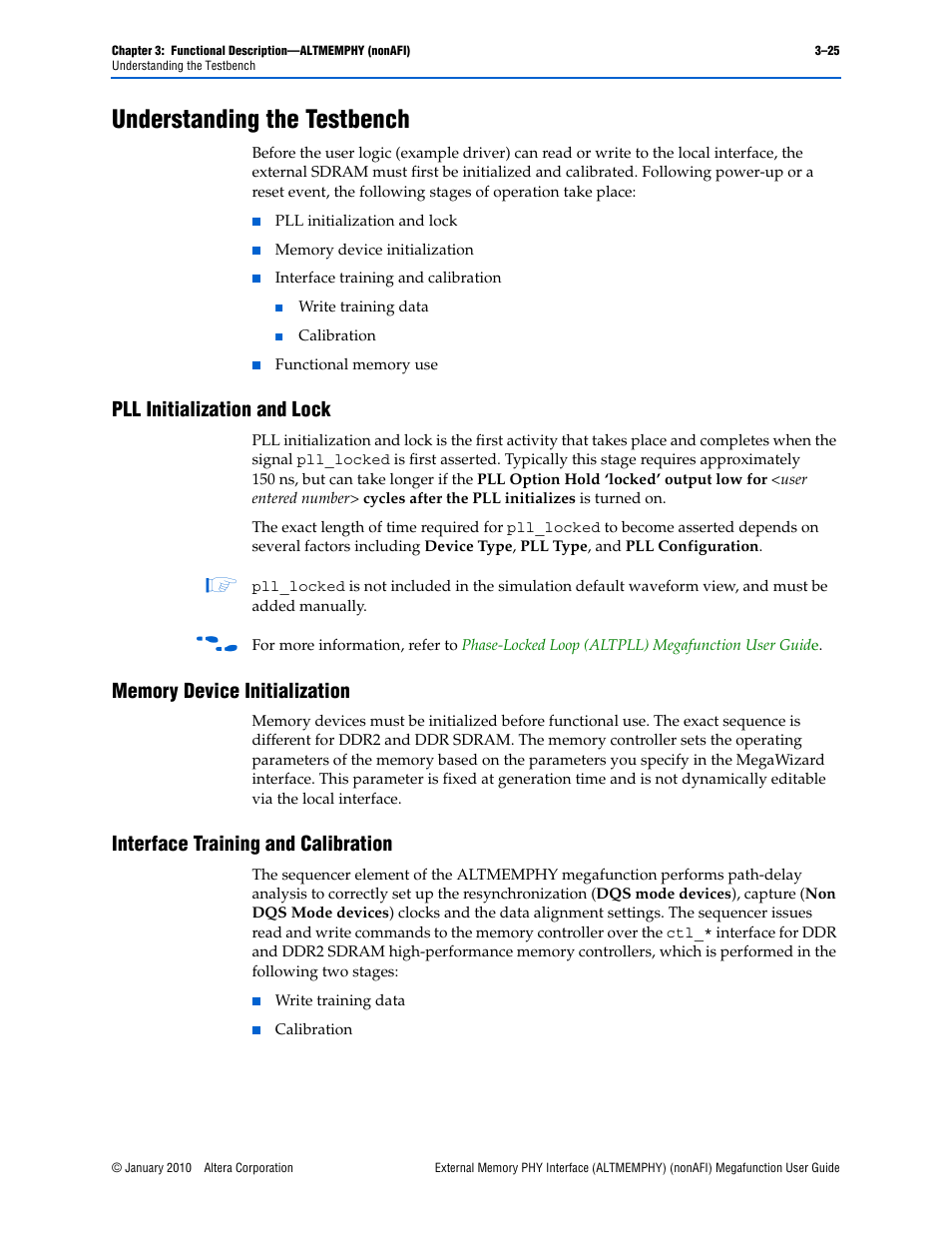 Understanding the testbench, Pll initialization and lock, Memory device initialization | Interface training and calibration, Understanding the testbench –25 | Altera External Memory PHY Interface User Manual | Page 41 / 83