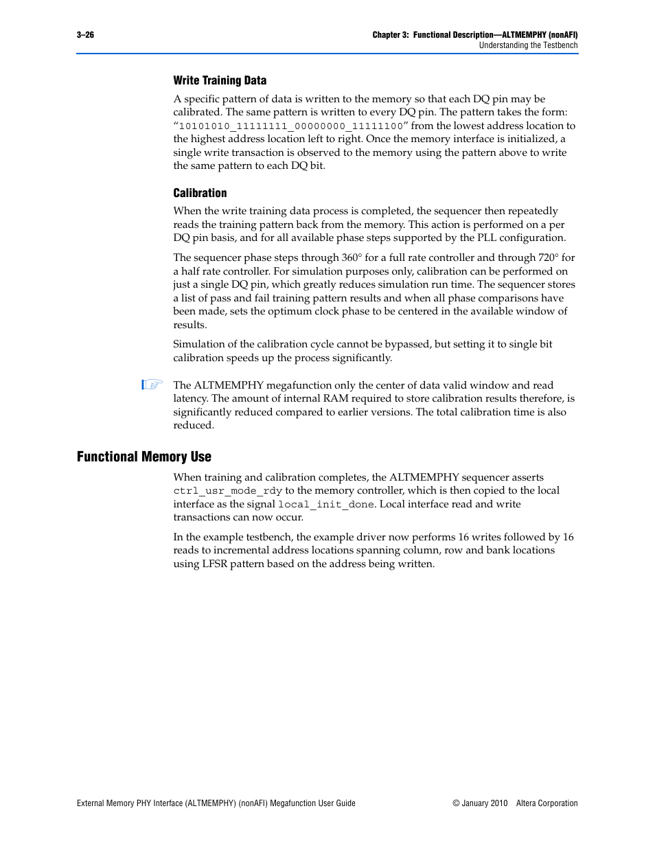 Functional memory use, Write training data –26 calibration –26, Functional memory use –26 | Altera External Memory PHY Interface User Manual | Page 42 / 83