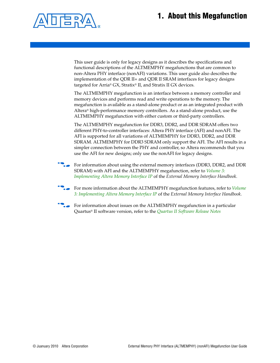 About this megafunction, Chapter 1. about this megafunction | Altera External Memory PHY Interface User Manual | Page 5 / 83