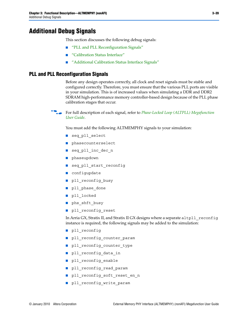 Additional debug signals, Pll and pll reconfiguration signals, Additional debug signals –39 | Pll and pll reconfiguration signals –39 | Altera External Memory PHY Interface User Manual | Page 55 / 83