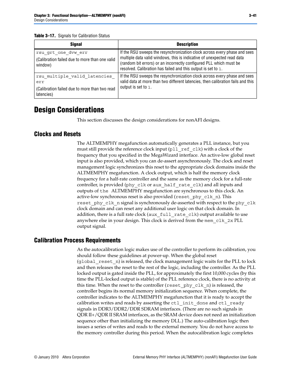 Design considerations, Clocks and resets, Calibration process requirements | Design considerations –41 | Altera External Memory PHY Interface User Manual | Page 57 / 83