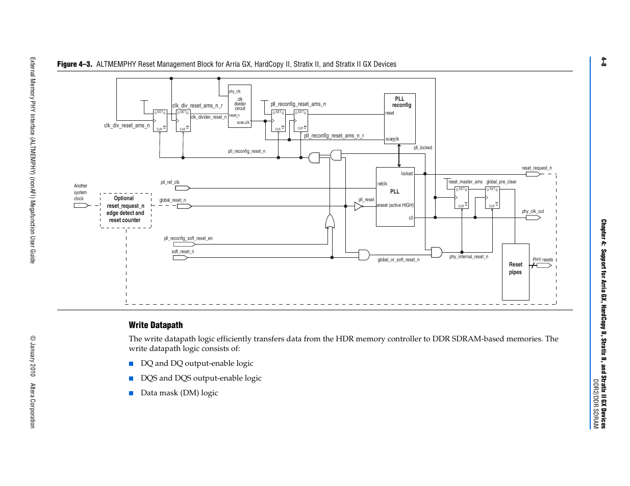 Write datapath –8, Figure 4–3, Write datapath | Dq and dq output-enable logic, Dqs and dqs output-enable logic, Data mask (dm) logic | Altera External Memory PHY Interface User Manual | Page 76 / 83