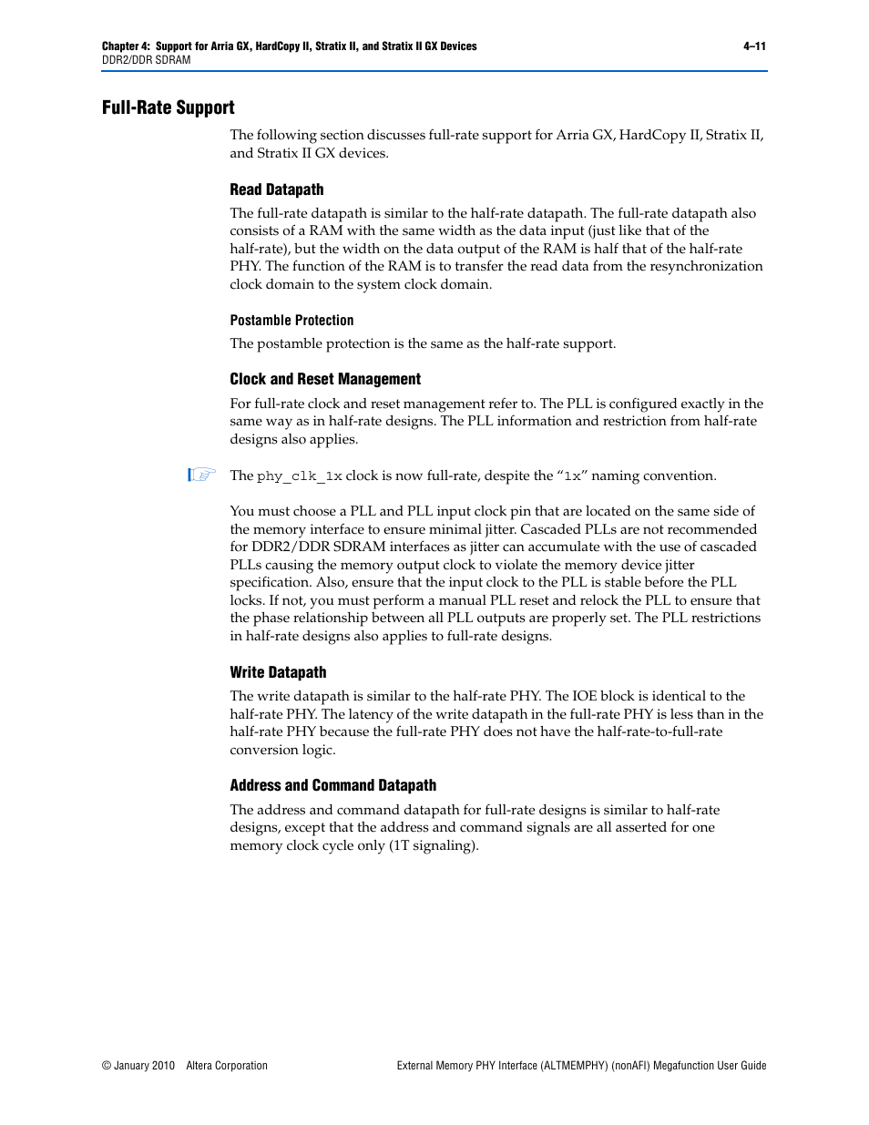 Full-rate support, Full-rate support –11 | Altera External Memory PHY Interface User Manual | Page 79 / 83